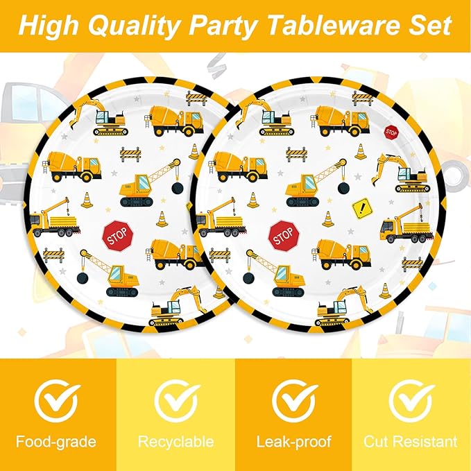 48PCS Construction Party Supplies,Disposable Tableware Include Plates Napkins Forks For 16 Guests,Construction Birthday Party Decorations For kids