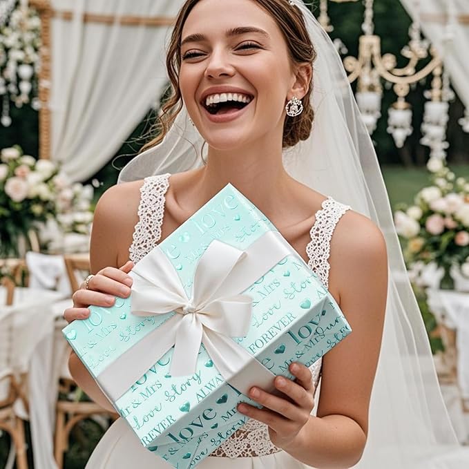 RUSPEPA Wedding Wrapping Paper, Mini Roll, Bridal Shower Gift Wrap, Mint Green Gold Foil LOVE Design, Perfect for Engagement, Anniversary, 17 Inches x 16.5 Feet
