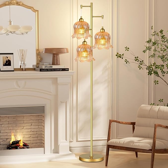 QIYIZM Glass Floor Lamp for Living Room,Bedroom,Mid Century Modern Standing Lamp Brass Tree 3 Light Tall Floor Lamps Vintage Floor Lights Gold Tulip Flower Lamp Shade Farmhouse Boho Bohemian