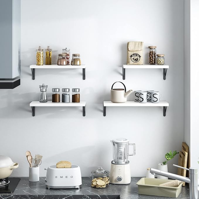 YGEOMER Floating Shelves for Wall, Different Sizes White Wall Shelves for Living Room, Bathroom, Bedroom, Kitchen, Home Decor (Set of 4)