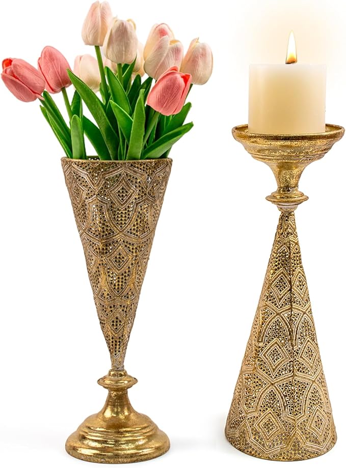 Farmhouse Gold Candle Holders for Pillar Candles, Metal Distressed Set of 2 Retro Flower Design Pillar Candle Stand Dual Use, Can be Vase Table Centerpiece Decor for Fireplace, Living, and Dining Room