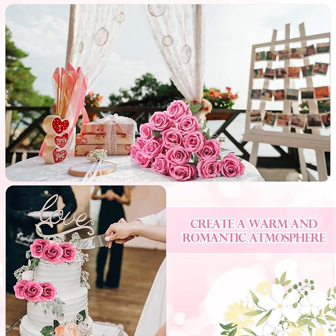 Jexine 50 Pcs Artificial Rose Flower Bulk Realistic Silk Fake Roses with Long Stem Plastic Artificial Flower Bouquet Real Looking for Home Wedding Centerpieces Party Decoration(Dark Pink Champagne)