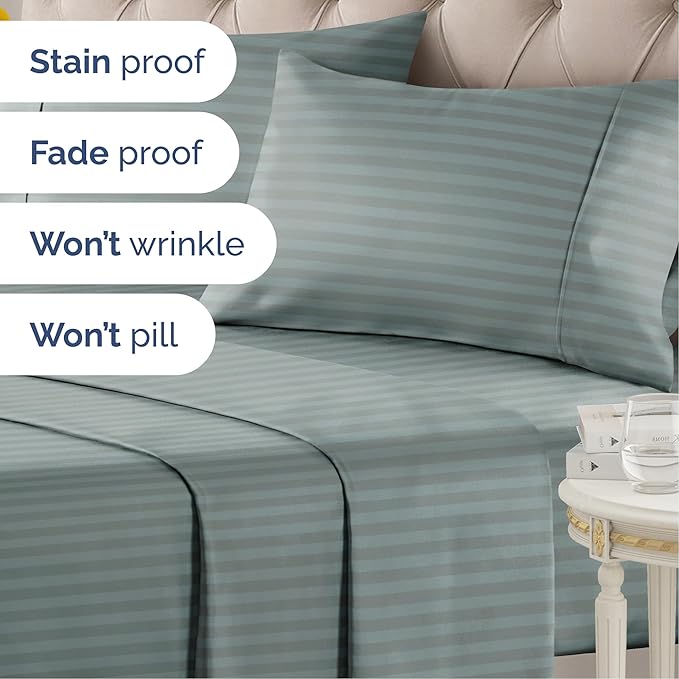 Striped Sheets - Green Striped Sheets - 1 Flat & 1 Fitted & 1 Pillowcase w/ Deep Pockets – Wrinkle & Fade Resistant - Ultra-Soft, Breathable and Cooling – Luxury Pinstripe Bedding - Twin Size Bed Set