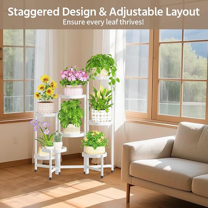 LASZOLA 8 Tiered Plant Stand Indoor Outdoor with Plastic Tray, Corner Folding Tall Flower Display Rack, Modern Plant Holder Shelf for Outdoor Patio Porch Garden Office Living Room, White