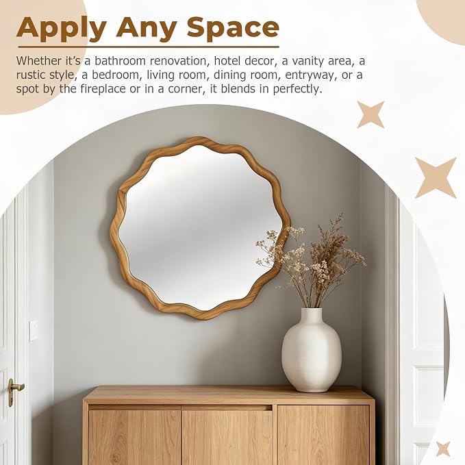 24" Wavy Edge Round Mirror, Solid Wood Framed Wall Decor with Clear Reflection for Bathroom, Bedroom, Living Room & Entryway (Oak)