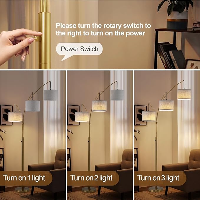 Netin Gold Floor Lamp, Arc Floor Lamps for Living Room Bright Lighting, 3 Light Dimmable Floor Lamp with Remote Control, 3 Color Temperature, Tree Floor Lamp for Bedroom Office