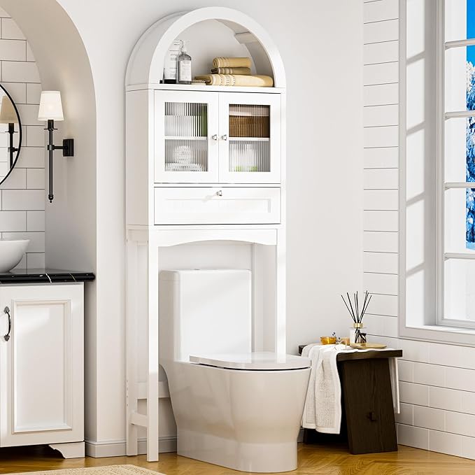 Spurgehom Over The Toilet Storage Cabinet, Bathroom Shelf Organizer Freestanding, Bathroom Arch Cabinet Over Toilet with Glass Door and Anti-Tipping Device, White