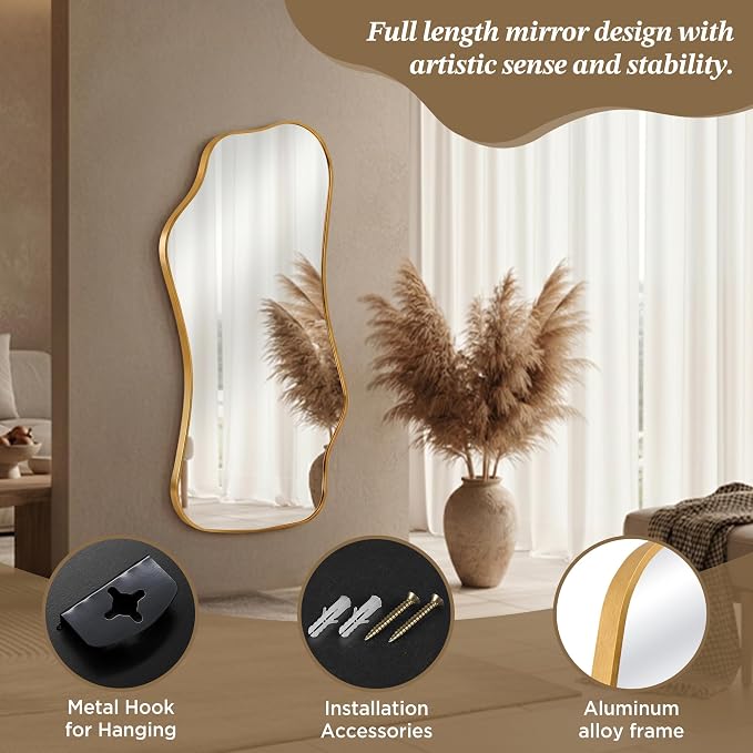 Bathroom Mirrors for Over Sink-Horizontal or Vertical Hanging 47.2"x21.6" Gold Asymmetrical Wavy Aluminum Frame Decorative Full Body Mirror for Living Room,Bedroom,Cloakroom,Entryway