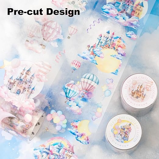 AuriicLeaf Cloud-Themed Pre-Cut PET Tape Set, 6 Rolls of Fantasy Castle and Balloon Stickers for Scrapbooking, Journaling, and DIY Craft Supplies