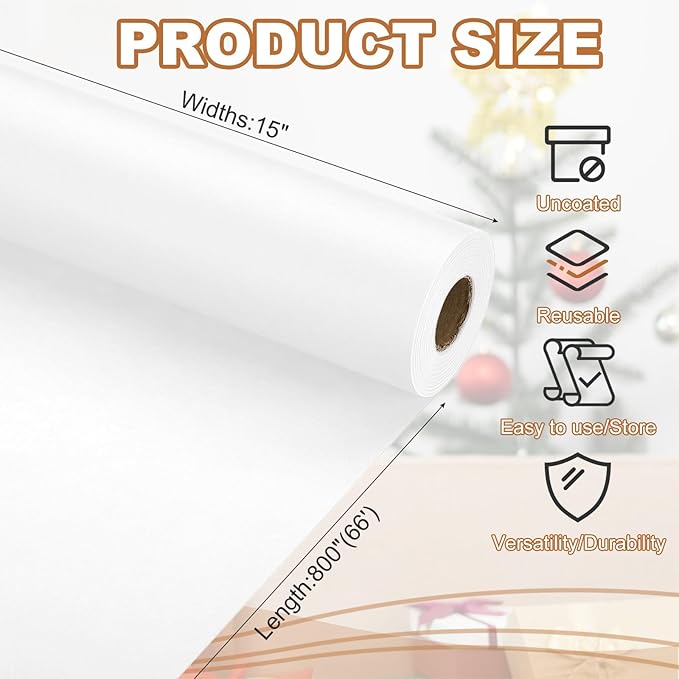 PATIKIL Wrapping Paper, 15" x 800"(66') 70 GSM Craft Paper Roll Kraft Packing Paper for Poster Bulletin Board, Gift Wrapping, White