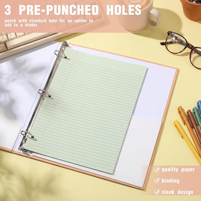 PerKoop 400 Sheets Colored Loose Leaf Paper 8.5" x 11" college ruled Lined 3 Hole Punched notebook Filler Paper for 3 Ring Binders Office School Supplies (Aesthetic Color)