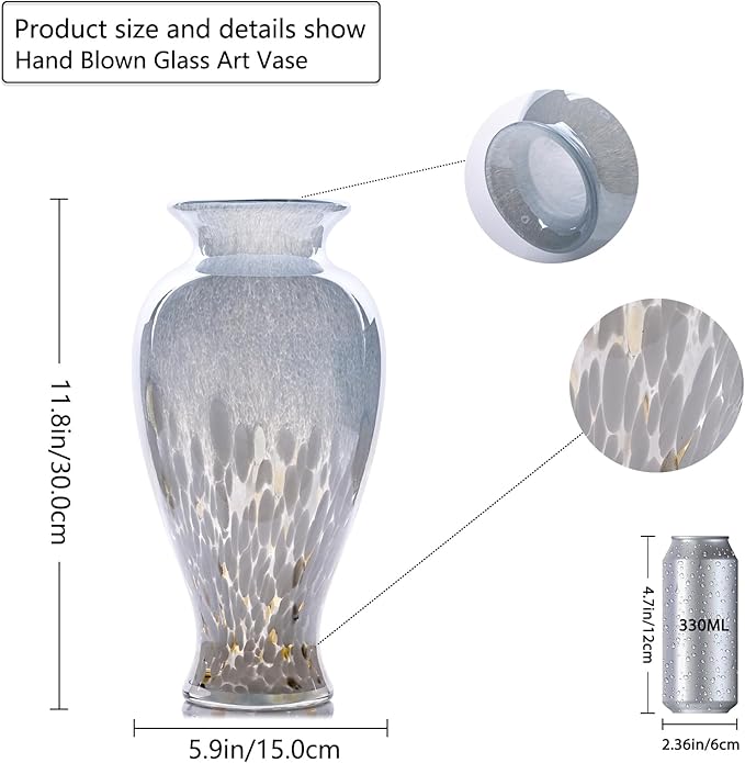 11.8" Tall Blue and White Glass Vase Beautiful Hand Blown Glass Vase Modern Art Home Decor, Wide Mouth Colorful Vases for Mantle Dining Table Centerpiece, Entryway Living Room Wedding Decoration