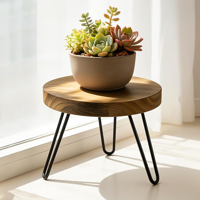 ROSSNY Small Indoor Plant Stand Stool: Fits for Under 10" Wide Pot - Wooden Plant Stool - Single Tier Short Round Plant Stool - Mid-century Modern Style for Indoor Outdoor Home Garden Décor, Dark Brown, 1 Pack (Without Pot)