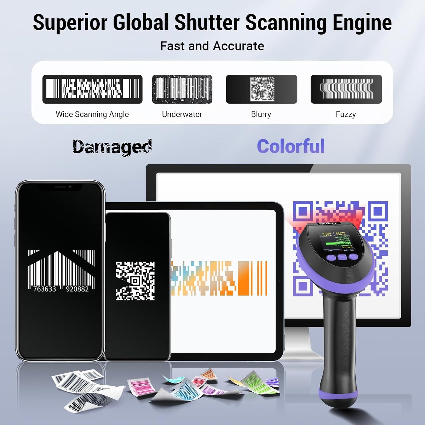 Tera Wireless 2D Barcode Scanner - Pro Version with Digital Screen & Keypad | Fast Scanning, Purple