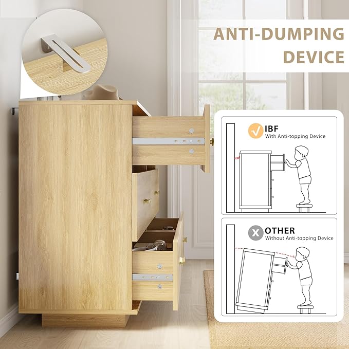 IBF Modern Fluted 6 Drawer Dresser for Bedroom, Fluted 55 Inch Chest of Drawers for Kid Adult Closet, Large Wood Clothes Storage Dresser with Anti-Tipping Device for Living Room Hallway, Oak