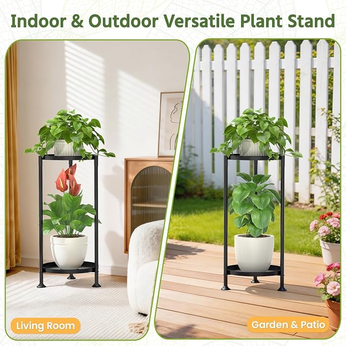 LASZOLA 2 Tier Plant Stand Indoor with Large Metal Tray, Corner Round Flower Holder Rack Tall Outdoor, Morden Planter Display Shelf for Patio Porch Garden Office Living Room, Black