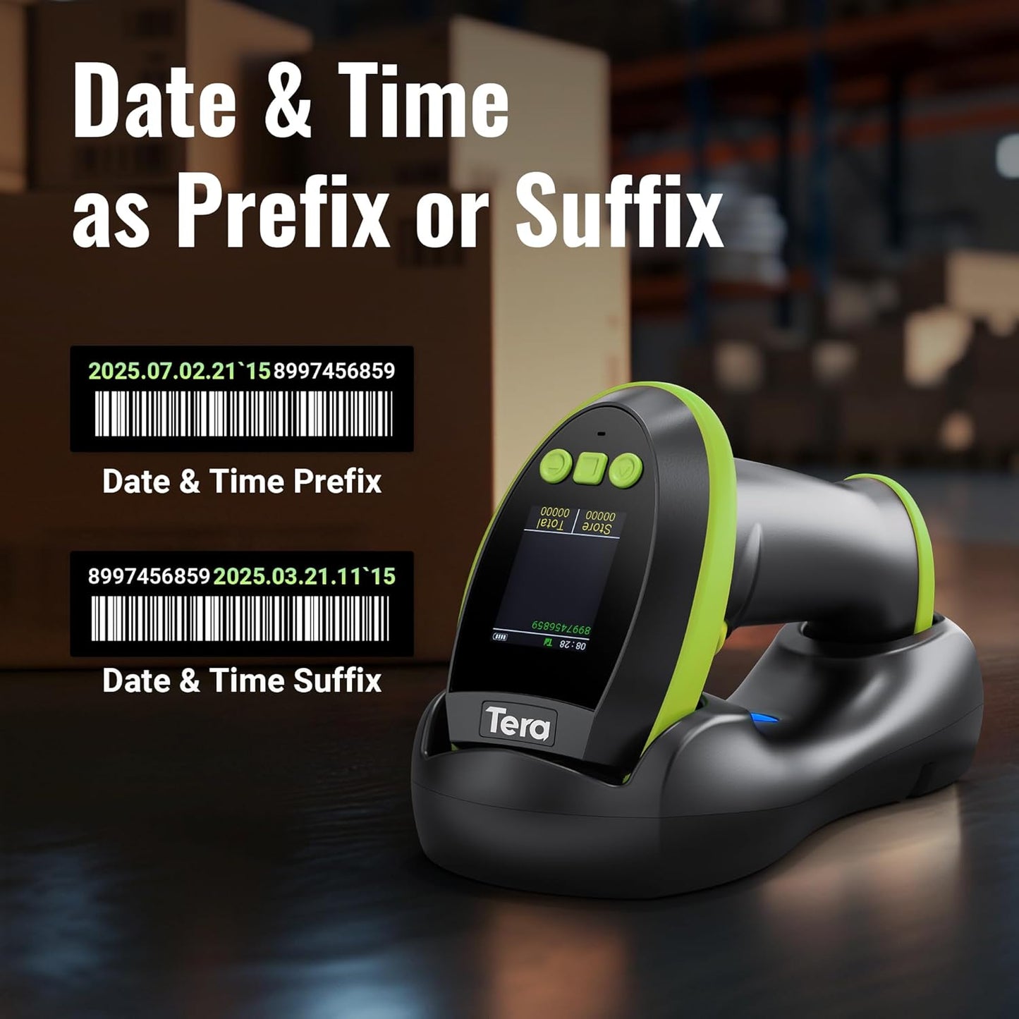 Tera Wireless Barcode Scanner - Pro 1D/2D QR Reader with Screen & Charging Cradle | Green