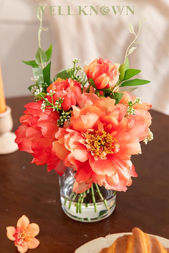 WELL KNOWN Artificial Flowers in Glass Vase with Fake Water, Silk Peony Flower Bouquet for Home Dinning Tea Table, Office Desktop, Hotel, Wedding, Party, Lavatory Decor & Gift (Coral and Orange)