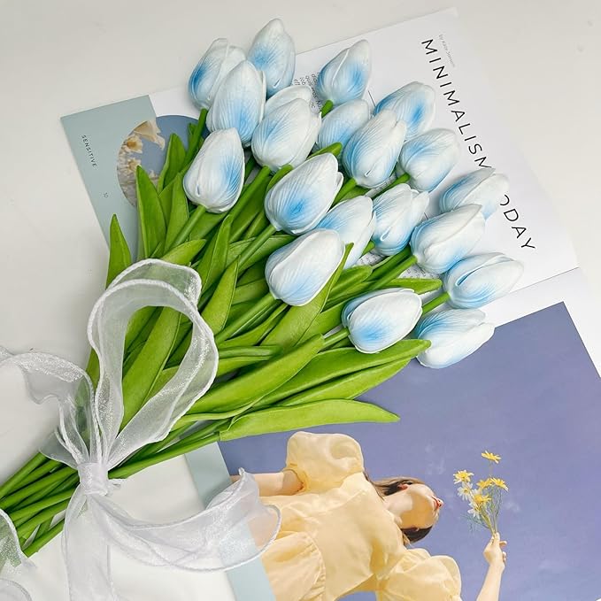 20 Pcs 13” Real Touch Light-Blue Tulips Artificial Flowers, Latex PU Fake Faux Flowers, for Wedding Bouquet Home Decor