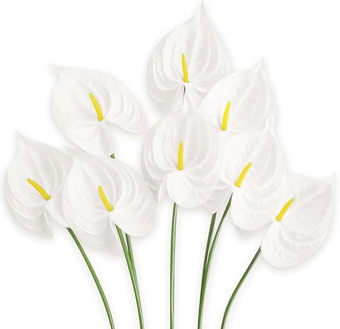 Real Touch Anthurium Artificial Flowers, 8pcs White Faux Tropical Flowers with Stems for Modern Wedding Bouquets, Elegant Centerpieces & Chic Party Decoration