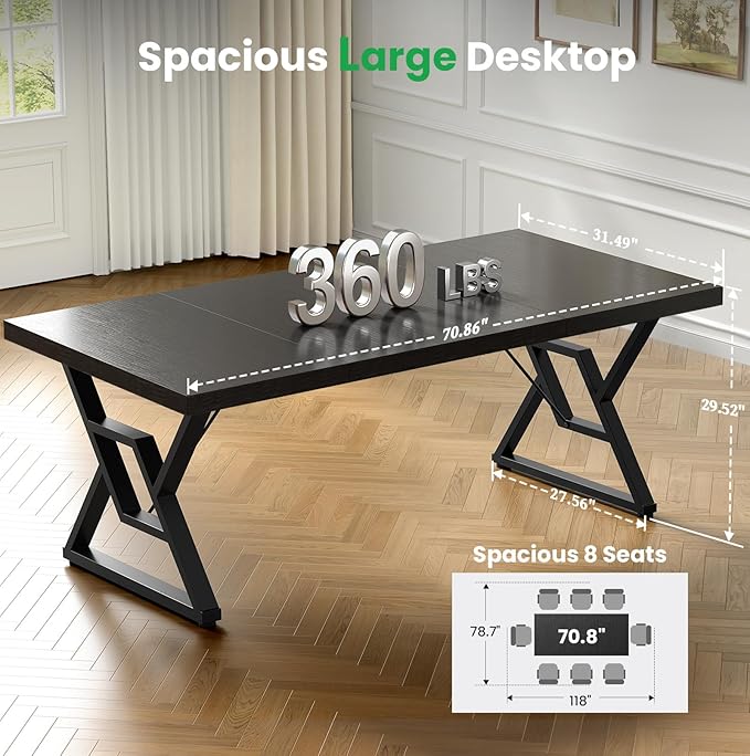 70.8" Large Executive Desk - Computer Office Desk Workstation, Modern Business Writing Table with Sturdy Metal Legs for Home Office (Black/Black)