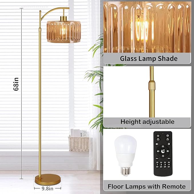 QIYIZM Glass Floor Lamp for Living Room,Bedroom,Gold Dimmable Standing Lamp with Remote,Mid Century Modern Brass Tall Lamp Boho Vintage Retro Floor Lamps Arc Amber Flower Floor Light Lamp Bohemian
