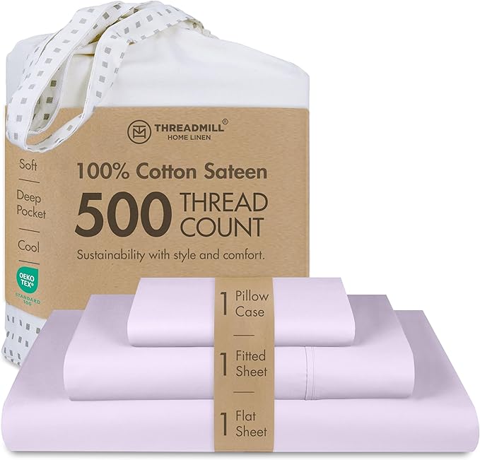 Threadmill Cotton Twin XL Sheets Set, Soft 100% Cotton, Cooling Bed Sheets with Deep Pocket Snug Fit Elastic, 500 Thread Count, 3-Pc, Hotel Quality Bed Sheets, Beats Egyptian Cotton Claim, Lilac