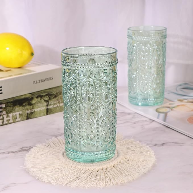 abrwyy Green Drinking Glasses Set of 4, Vintage Drinking Glasses, Colored Glassware Drinking, Highball Beverage Glasses Cup, Vintage Glassware Set for Water, Juice, Cocktail, Coffee