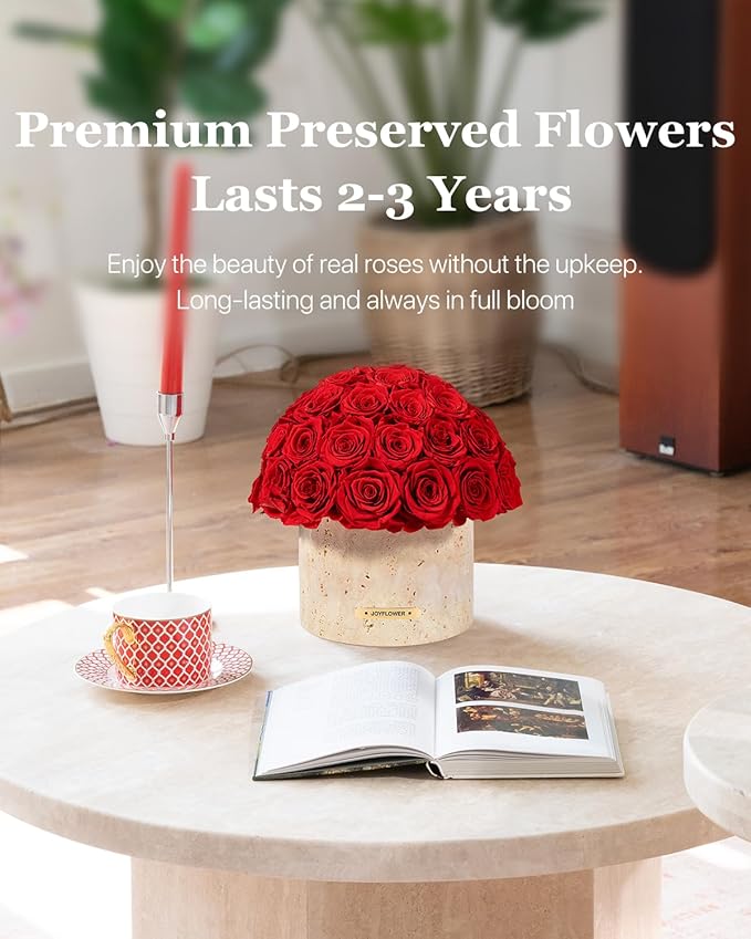 JoyFlower Preserved Flowers Vase, Yellow Cave Stone Flower Vases for Centerpieces, Eternal Flower Decorations for Party Home Living Room Bedroom Coffee Table, Red Flower Vase Unique House Decor
