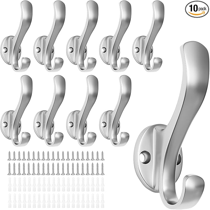 Coat Hooks Heavy Duty - Easy to Install Metal Towel Hooks Fashionable Wall Hooks for Hanging Hat, Towel, Key, Robe, Scarf, Bag, Cap (10 PCS Silver)