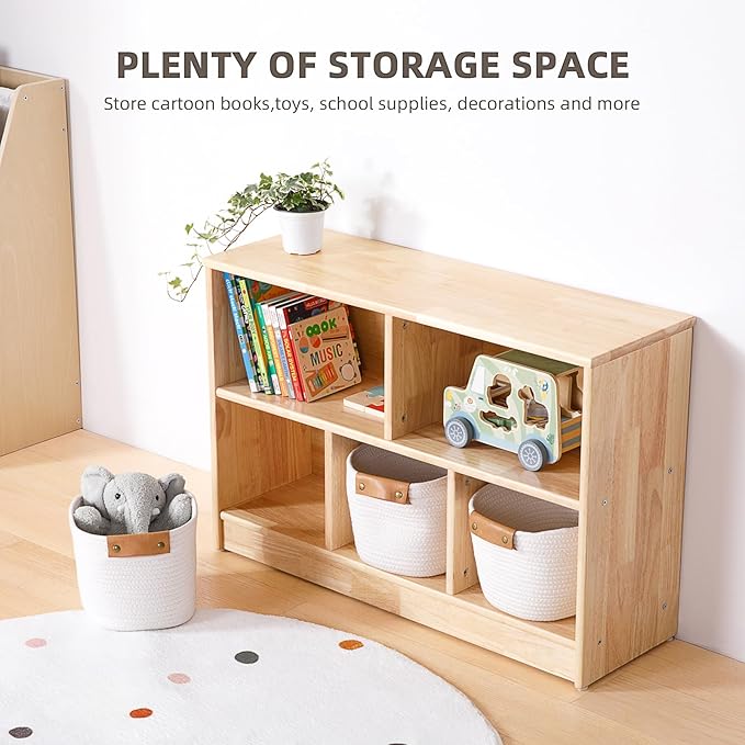 OOOK Rubber Wood 5-Compartment Montessori Shelf, 35.4" L Toddler Bookshelf, 2-Tier Wooden Storage Cabinet, Kids Classroom Organizer, Playroom, Daycare and Preschool Storage Shelves