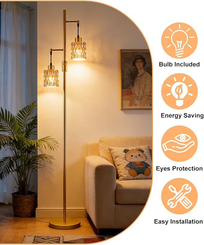 Lightdot 65IN Industrial Gold Floor Lamp for Living Room, 2- Light Amber Glass Floor Lamps with Warm White Bulbs, Modern Farmhouse Tree Standing Tall Lamp with 5Lbs Heavy Base for Bedroom Home Office