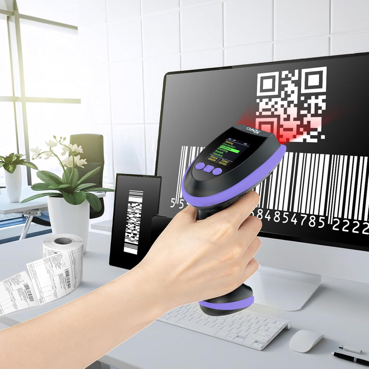 Tera Wireless 2D Barcode Scanner - Pro Version with Digital Screen & Keypad | Fast Scanning, Purple