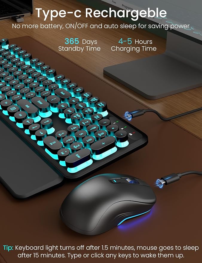 Wireless Keyboard and Mouse Backlit - Typewriter Keyboard with Magnetic Wrist Rest, Retro Round Keycaps, Light Up Letters, 2.4GHz Cordless Combo for Mac, Windows, PC, Laptop, Trueque [Upgraded]