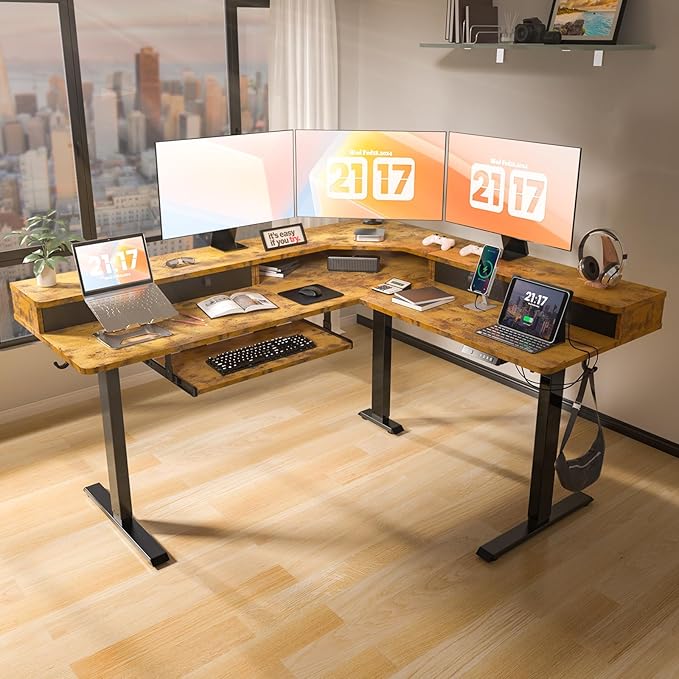 63 x 55 inch L Shaped Standing Desk with 4 Drawers & USB Charging Port, Electric Adjustable Height Corner Stand Up Desk with Keyboard Tray, Rustic Brown