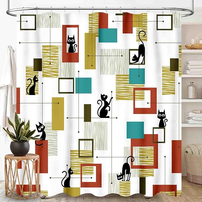 Mid Century Shower Curtain for Bathroom, Modern Black Cat Abstract Atomic Geometric Pattern Lovely Kittey Retro 1950s 1960s Waterproof Fabric Shower Curtain Set with Hooks,72"x72" Inch