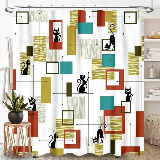 Mid Century Shower Curtain for Bathroom, Modern Black Cat Abstract Atomic Geometric Pattern Lovely Kittey Retro 1950s 1960s Waterproof Fabric Shower Curtain Set with Hooks,72"x78" Inch