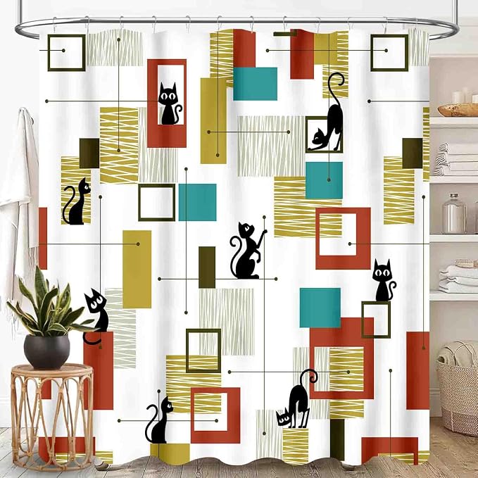 Mid Century Shower Curtain for Bathroom, Modern Black Cat Abstract Atomic Geometric Pattern Lovely Kittey Retro 1950s 1960s Waterproof Fabric Shower Curtain Set with Hooks72 x84 Inch
