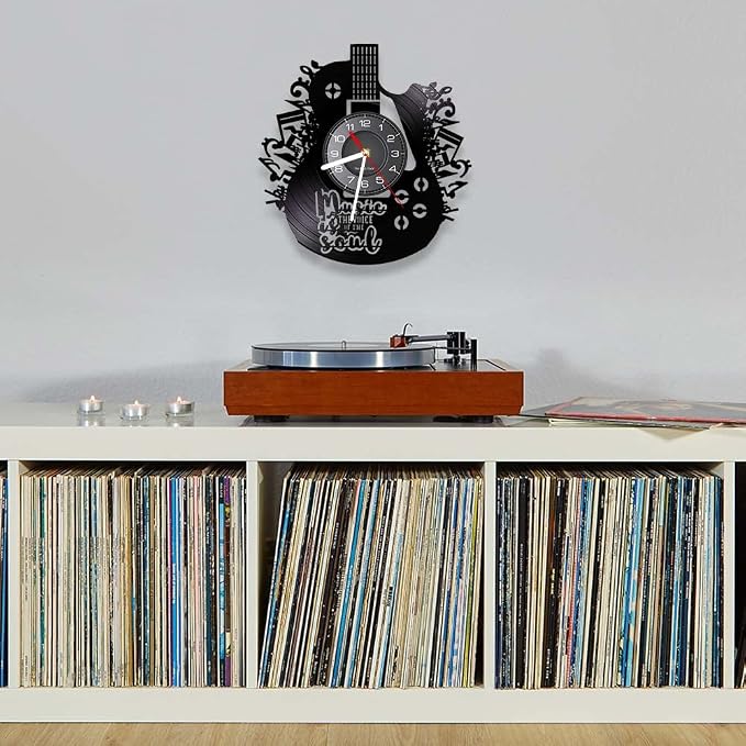 12 Inches Guitar Unique Music Vinyl Record Wall Clock Battery Operated Silent Quartz Non-Ticking, Rock n Roll Hanging Wall Clock Watch Music Gift for Rock Band Singer Idol Man Cave Bedroom