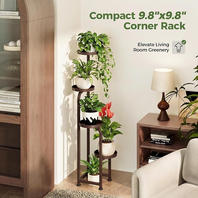 Bamworld Corner Plant Stand Indoor Outdoor, Tall Metal Flower Pot Stands for Multiple Plants, 4 Tier Brown Heavy Duty Plant Shelf for Patio Garden Balcony Living Room Bedroom(Patent Design)
