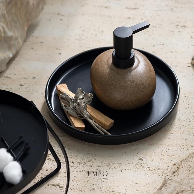 EMPO Ceramic Hand Soap Dispenser with Matte Black Pump, Stone-Textured Wabi-Sabi Liquid Dispenser for Bathroom Vanity and Kitchen Sink (300ml/10.14oz)