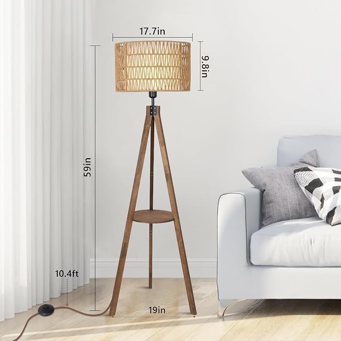 LAMSU Boho Tripod Floor Lamps for Living Room, Rattan Wood Floor Lamp with Fabric Shades, Mid Century Standing Lamp with Shelf, Foot Switch, Modern Farmhouse Tall Lamps for Bedroom Office Brown