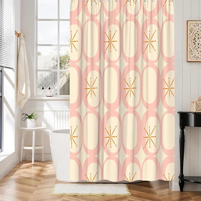Mid Century Shower Curtain Modern Abstract Atomic Round Squares Retro 50s Geometric Bathroom Decor Polyester Curtains with Hooks