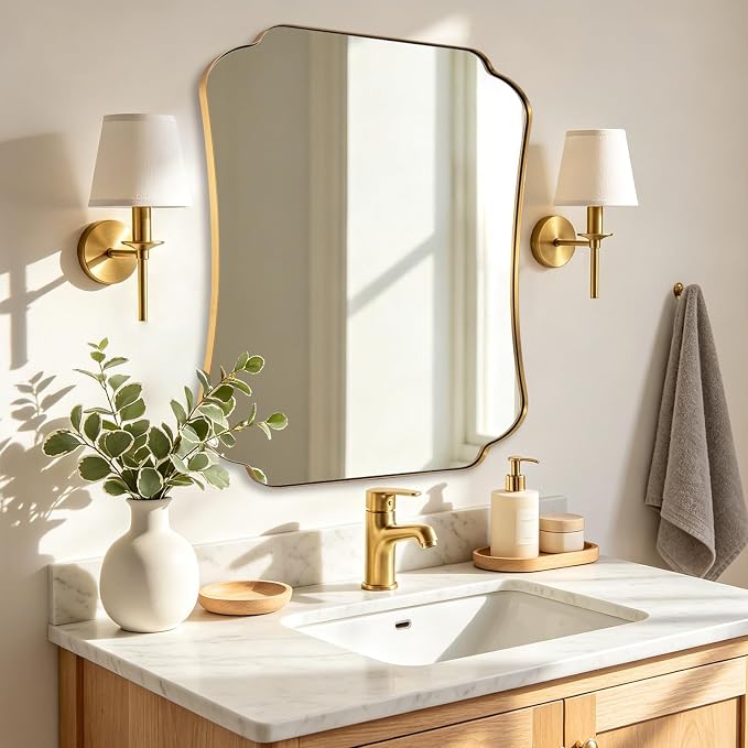 ANDY STAR 24"x30" Gold Mirror, Brushed Brass Scalloped Wall Mirror, Bathroom Wall Mirror with Stainless Steel Metal Framed Ideal for Bedroom, Hallway