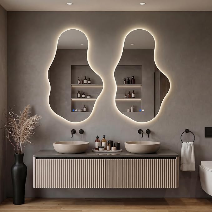 Irregular LED Bathroom Mirror with Lights, Backlit Vanity Mirror for Wall, Asymmetrical Wall Mirror, 3 Color Dimmable Anti-Fog Smart, Decorative Mirror for Bathroom, Entryway(26″ x 43″, 2 Pack)