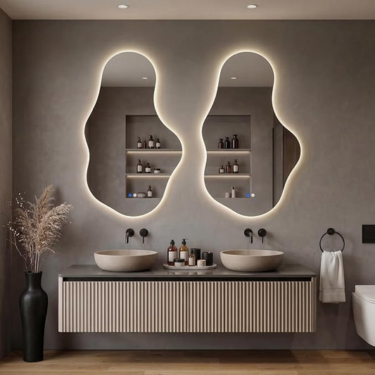 Irregular LED Bathroom Mirror with Lights, Backlit Vanity Mirror for Wall, Asymmetrical Wall Mirror, 3 Color Dimmable Anti-Fog Smart, Decorative Mirror for Bathroom, Entryway(26″ x 43″, 2 Pack)