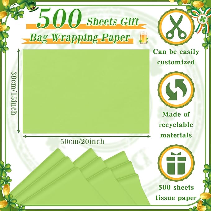 Qilery 500 Sheets Lime Green Tissue Paper Bulk 15 x 20 Inch Acid Free Christmas Wrapping Packing Gift Papers for Weddings Birthday Party Decoration, DIY Crafts, Flowers, Pom Poms, Festive Supplies