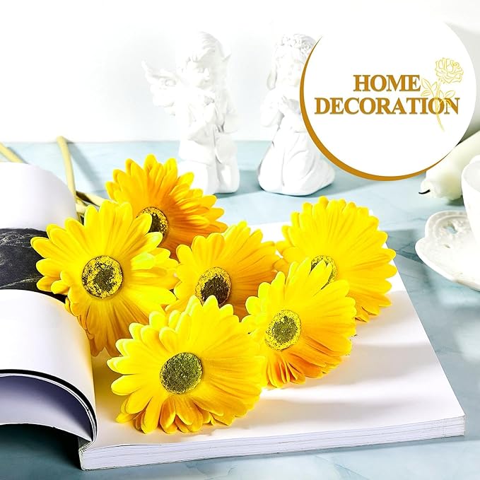 WILLBOND 18 Pieces Artificial Gerbera Daisies Flowers Fake Daisy Faux Boho Daisy Flowers Bouquet 15 in for Boho Birthday Decorations Wedding Home Decor (Yellow)