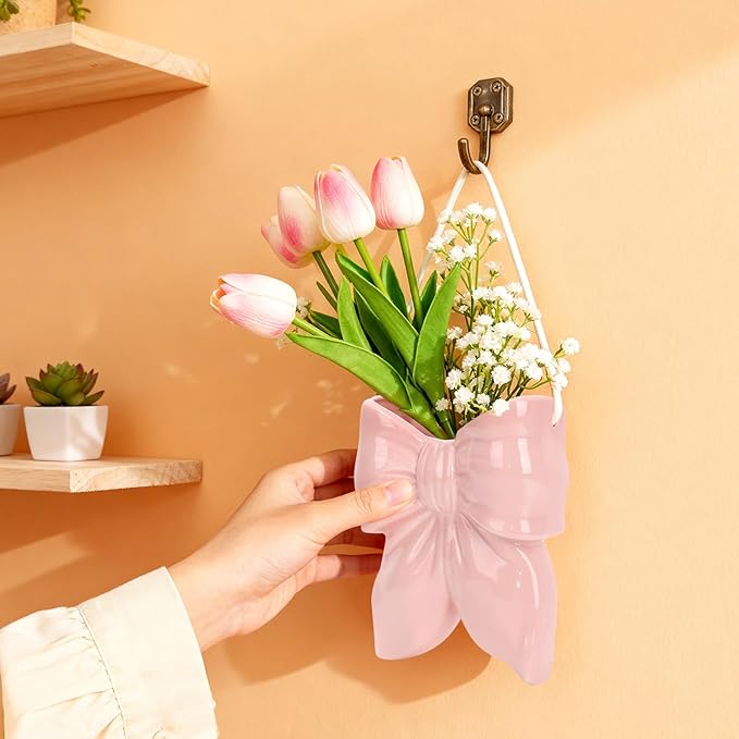 2 Pack Ceramic Hanging Planter Wall Vase with Rope, Bow Design for Indoor Plants, Fresh and Dried Flowers, Home Office Bathroom Living Room Bedroom Wall Decor
