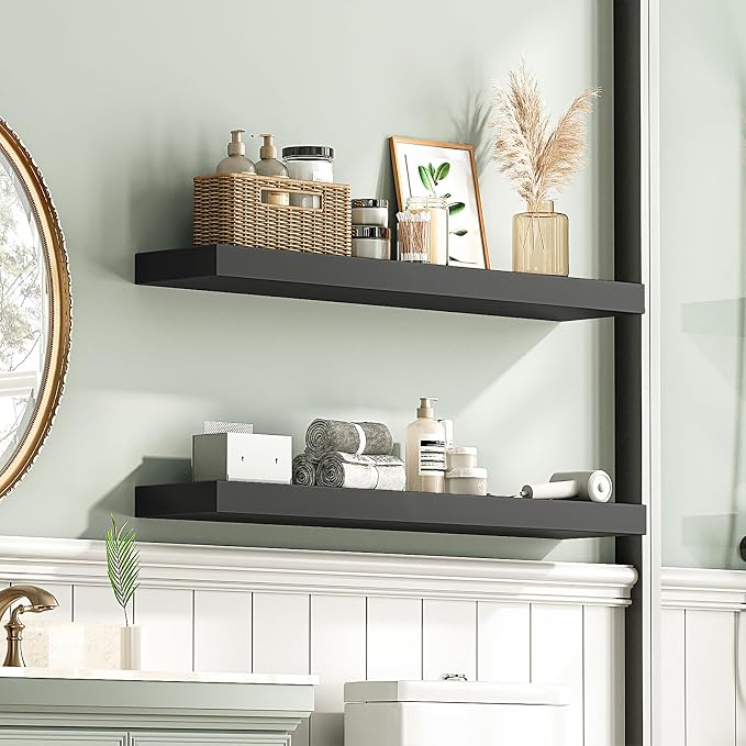 HOOBRO Floating Shelves for Wall, Wall Mounted Shelf Set of 2, 31.5" Hanging Shelf with Invisible Brackets, for Wall Decor Storage in Bathroom Bedroom Kitchen Living Room Office, Black BK80BJP201
